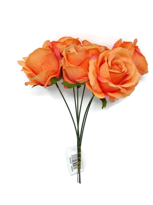 6 Wired Stem Rose Bundle x 27cm - Orange