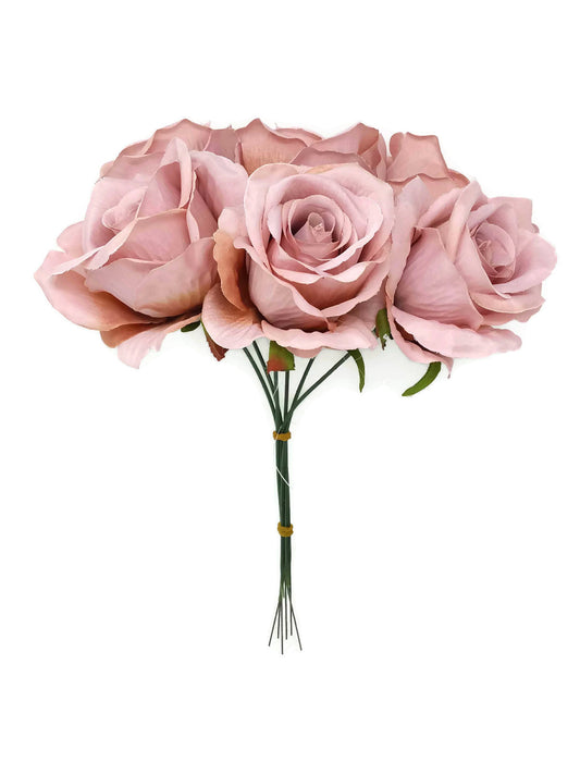 6 Wired Stem Rose Bundle x 27cm - Mink